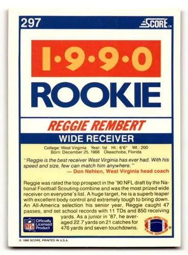 Reggie Rembert rookie card 1990 Score West Virginia Mountaineers Football original gloss
