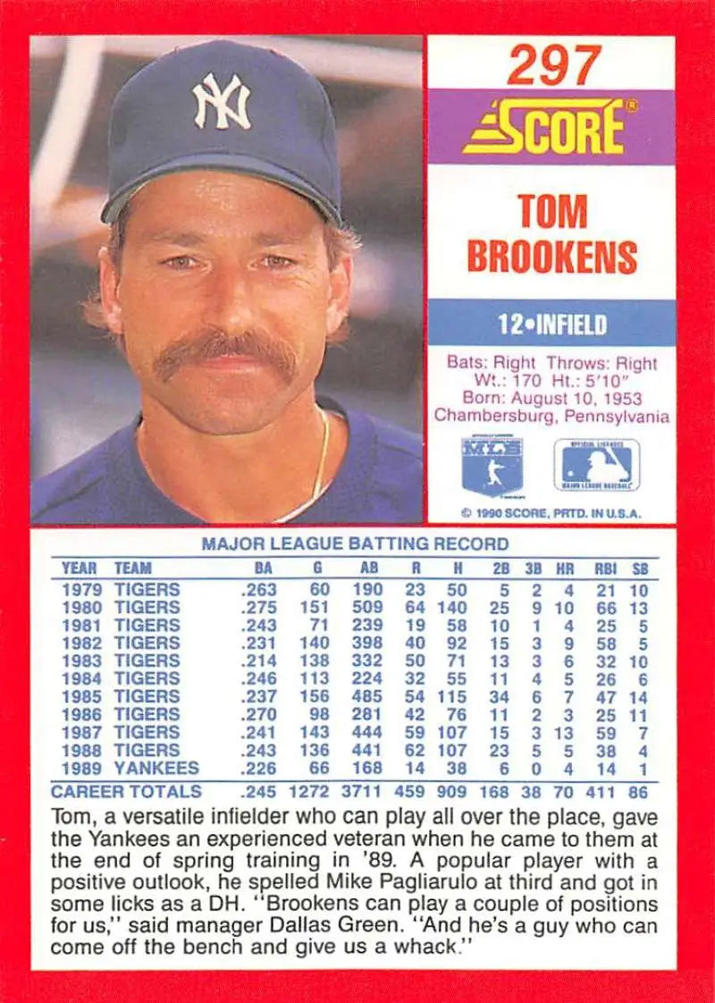 1990 Score #297 Tom Brookens EX Excellent New York Yankees Baseball Card - Baseball Card Single