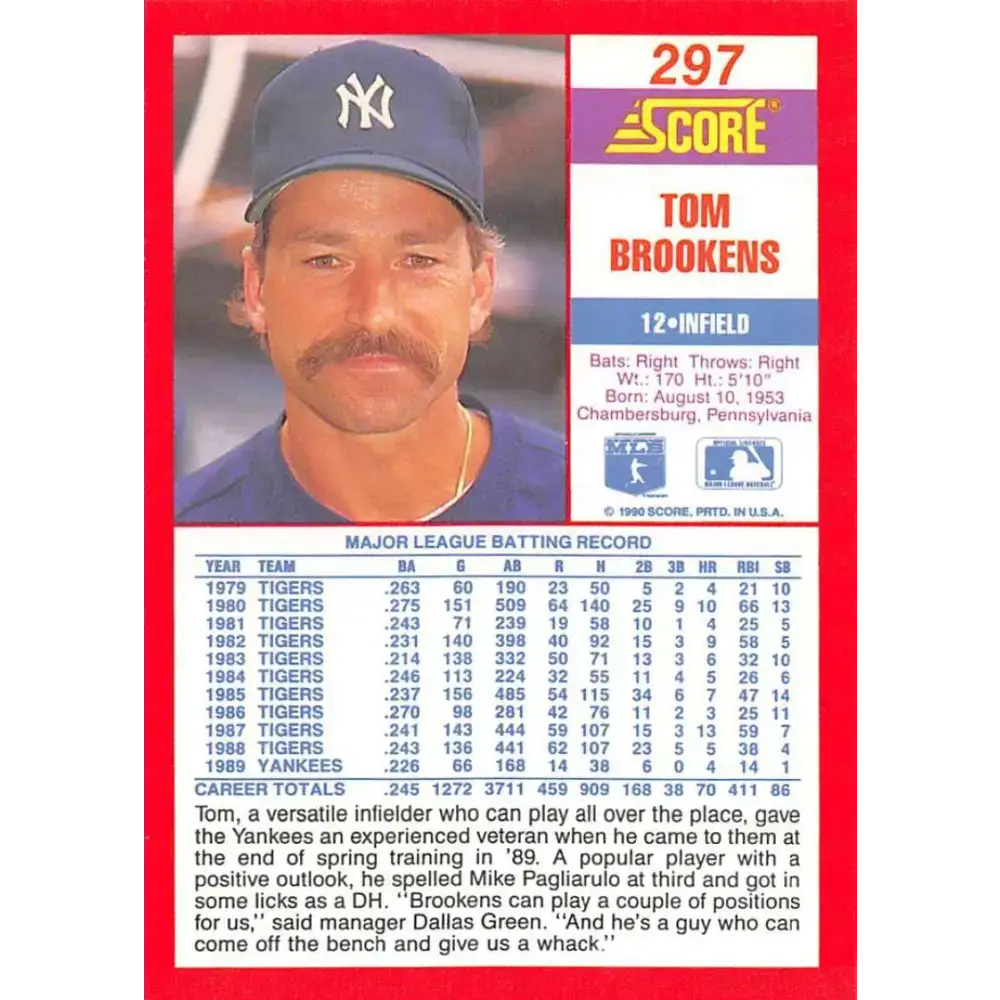 1990 Score #297 Tom Brookens NM-MT New York Yankees Baseball Card - Baseball Card Single
