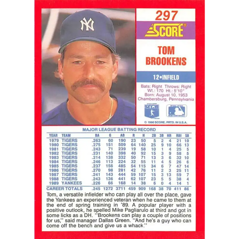 1990 Score #297 Tom Brookens NM-MT New York Yankees Baseball Card - Baseball Card Single