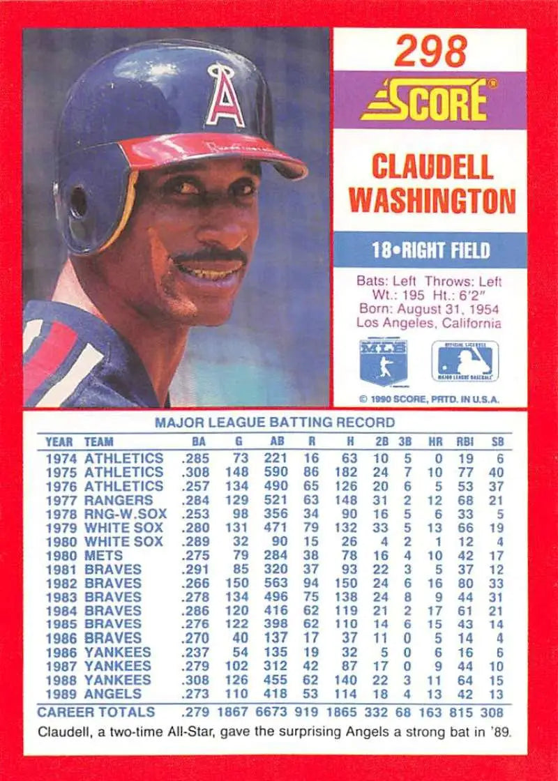 1990 Score #298 Claudell Washington EX Excellent California Angels Baseball Card - Baseball Card Single