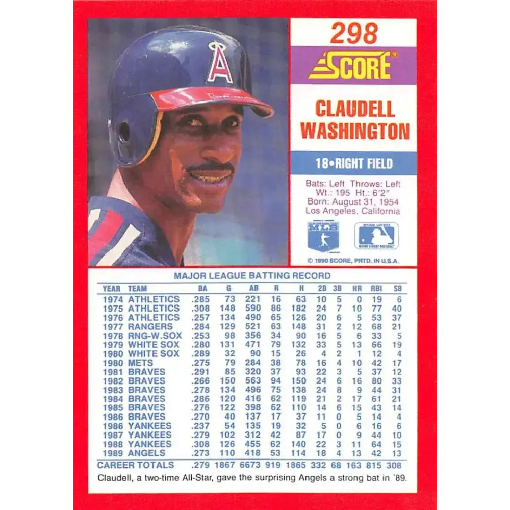1990 Score #298 Claudell Washington NM-MT California Angels Baseball Card - Baseball Card Single