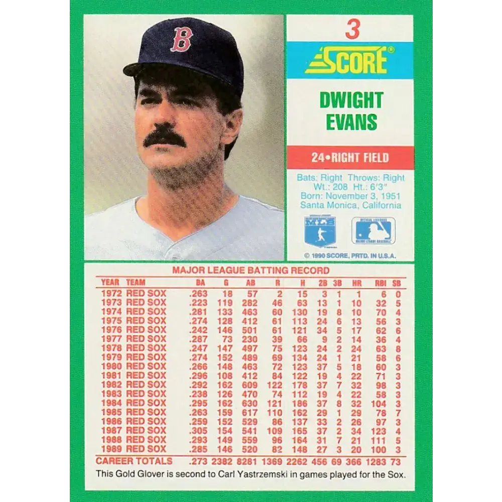 1990 Score #3 Dwight Evans NM-MT Boston Red Sox Baseball Card - Baseball Card Single