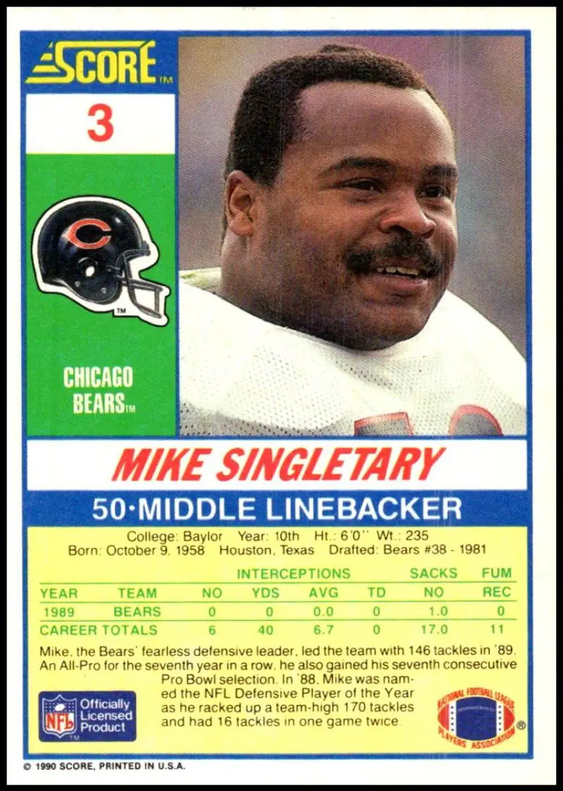 1990 Score #3 Mike Singletary NM-MT Chicago Bears Football Card - Football Card Single