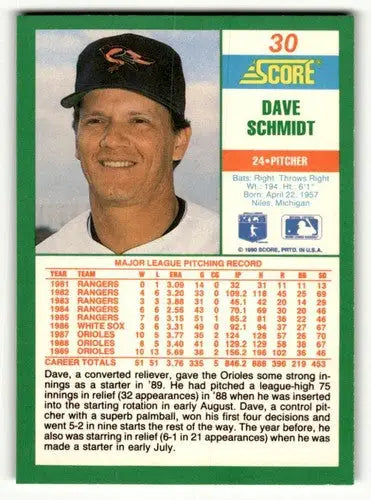1990 Score #30 Dave Schmidt Baltimore Orioles Baseball Cards ID:52796 - Baseball Card Single
