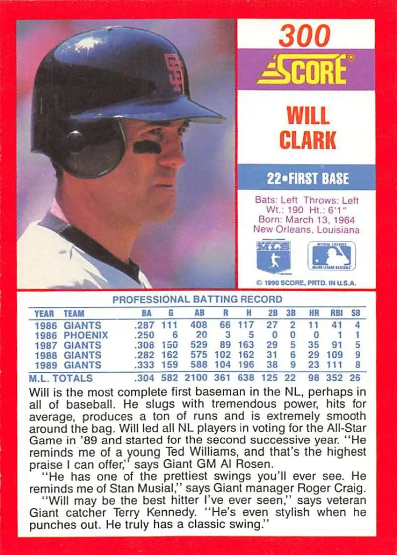 1990 Score #300 Will Clark EX Excellent San Francisco Giants Baseball Card - Baseball Card Single