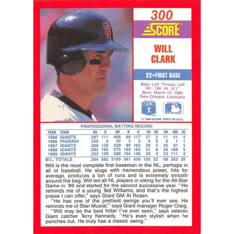 1990 Score #300 Will Clark NM-MT San Francisco Giants Baseball Card - Baseball Card Single