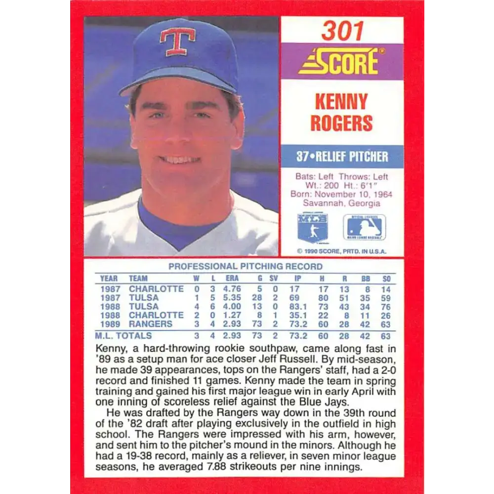 1990 Score #301 Kenny Rogers NM-MT Texas Rangers Baseball Card - Baseball Card Single