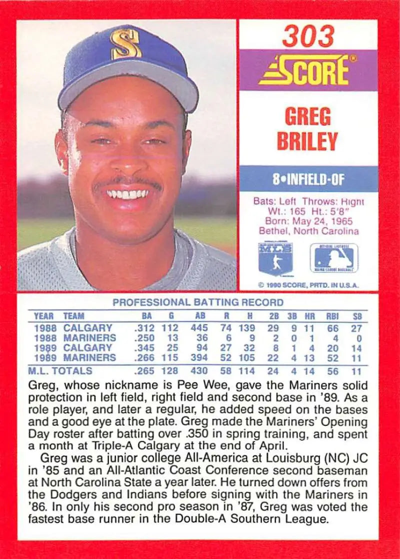 1990 Score #303 Greg Briley EX Excellent Seattle Mariners Baseball Card - Baseball Card Single