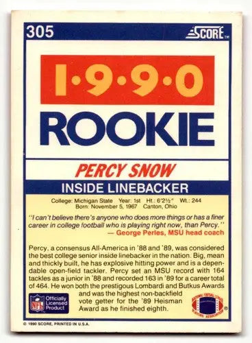 Original gloss Percy Snow Michigan rookie card from 1990 Score set featuring Snow Michigan State football