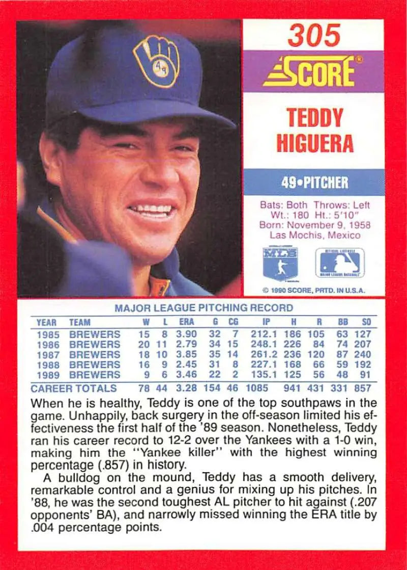 1990 Score #305 Teddy Higuera EX Excellent Milwaukee Brewers Baseball Card - Baseball Card Single