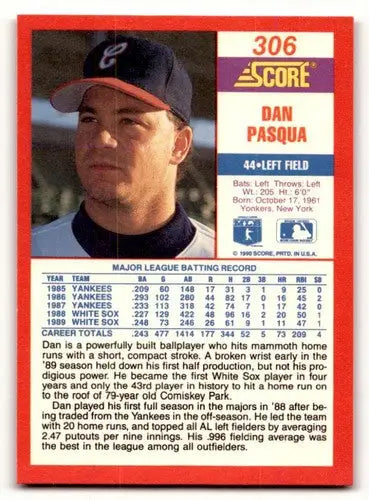 Original gloss baseball card featuring Dan Pasqua from the 1990 Score series
