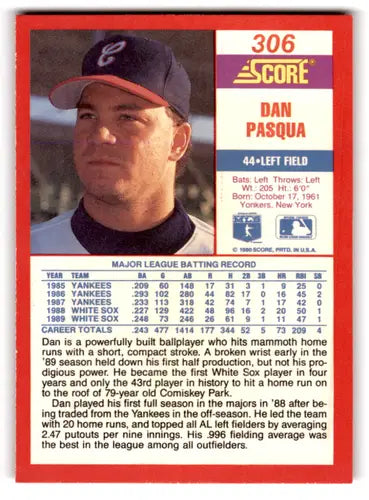 Original gloss Dan Pasqua White Sox baseball card from 1990 Score #306 NM-MT