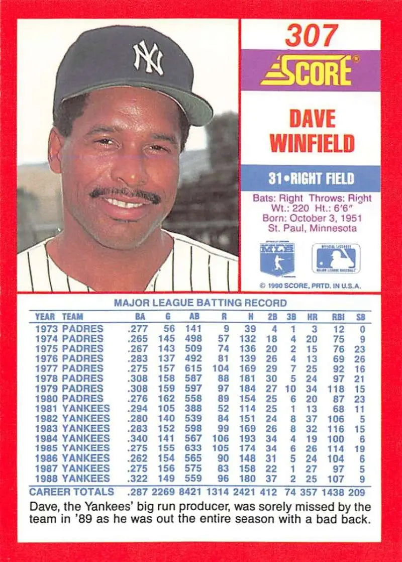 1990 Score #307 Dave Winfield EX Excellent New York Yankees Baseball Card - Baseball Card Single