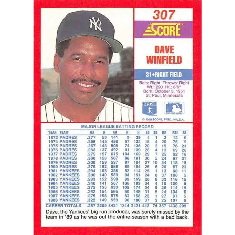 1990 Score #307 Dave Winfield NM-MT New York Yankees Baseball Card - Baseball Card Single
