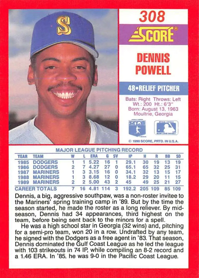 1990 Score #308 Dennis Powell EX Excellent Seattle Mariners Baseball Card - Baseball Card Single