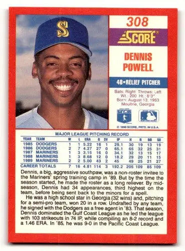 Original gloss Dennis Powell baseball card from 1990 Score #308 featuring Simply Sandoval