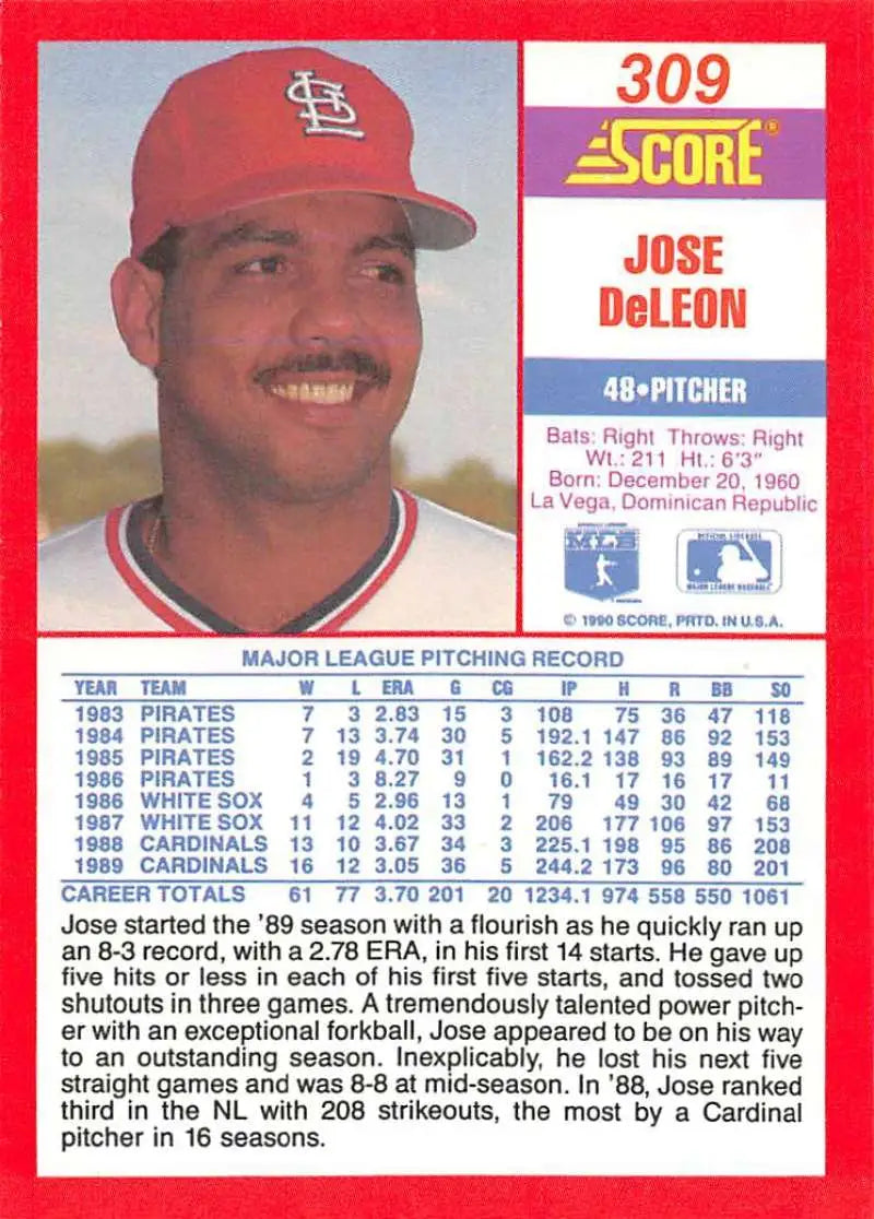 1990 Score #309 Jose DeLeon EX Excellent St. Louis Cardinals Baseball Card - Baseball Card Single