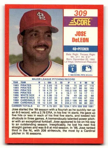 Original gloss 1990 Score Jose DeLeon baseball card featuring Jose DeLeon and Simply Sandoval
