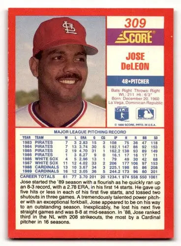 1990 Score #309 Jose DeLeon St. Louis Cardinals Baseball Cards EX/NM ID:64441 - Baseball Card Single