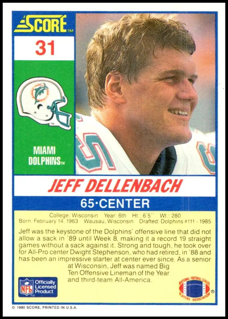 1990 Score #31 Jeff Dellenbach NM-MT RC Rookie Miami Dolphins Football Card - Football Card Single