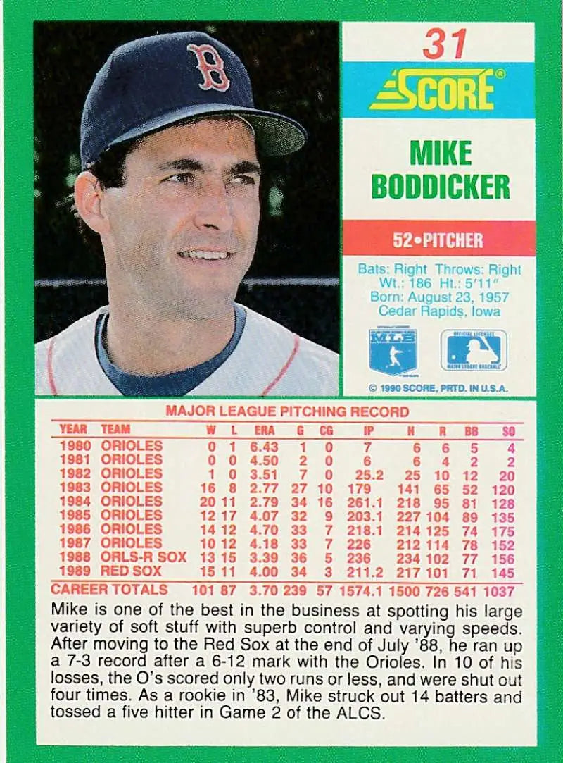 1990 Score #31 Mike Boddicker EX Excellent Boston Red Sox Baseball Card - Baseball Card Single