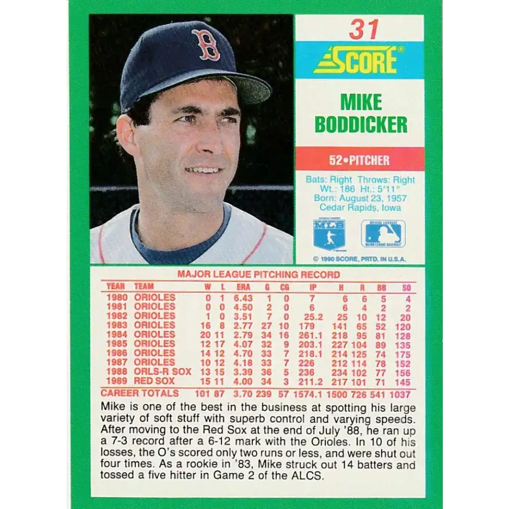 1990 Score #31 Mike Boddicker NM-MT Boston Red Sox Baseball Card - Baseball Card Single