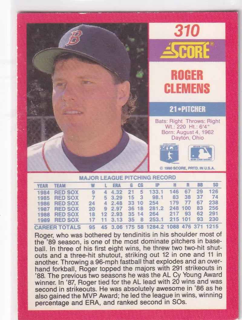 1990 SCORE #310 ROGER CLEMENS- BOSTON RED SOX - Baseball Card Single