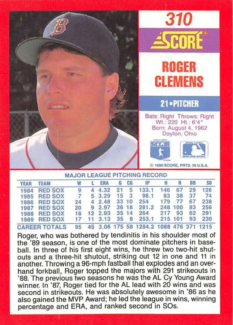 1990 Score #310 Roger Clemens EX Excellent Boston Red Sox Baseball Card - Baseball Card Single