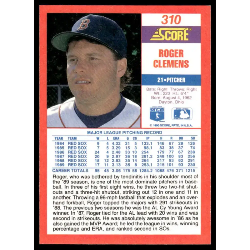 1990 Score #310 Roger Clemens EX/NM Boston Red Sox Baseball Card - Baseball Card Single