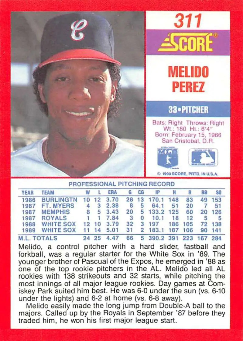 1990 Score #311 Melido Perez EX Excellent Chicago White Sox Baseball Card - Baseball Card Single