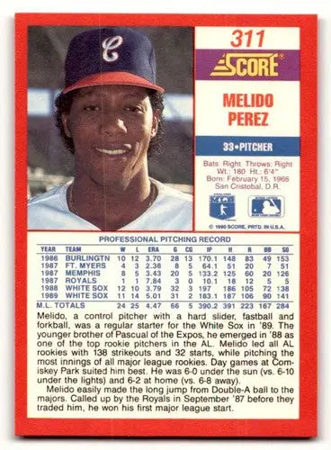 Original gloss of Melido Perez baseball card from 1990 Score #311 featuring Simply Sandoval