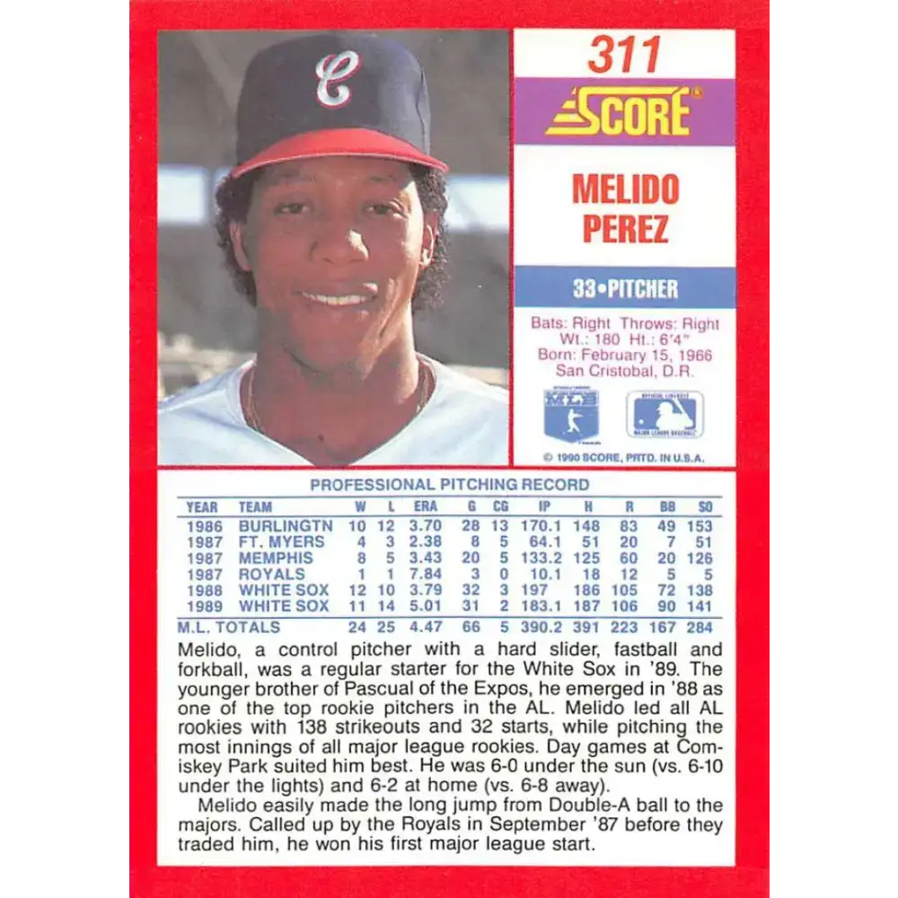 1990 Score #311 Melido Perez NM-MT Chicago White Sox Baseball Card - Baseball Card Single