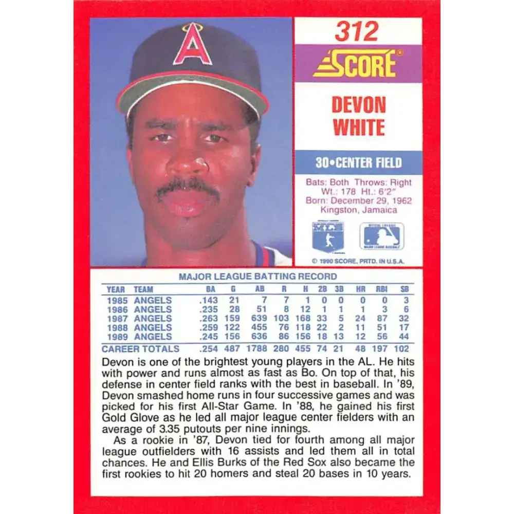 1990 Score #312 Devon White NM-MT California Angels Baseball Card - Baseball Card Single