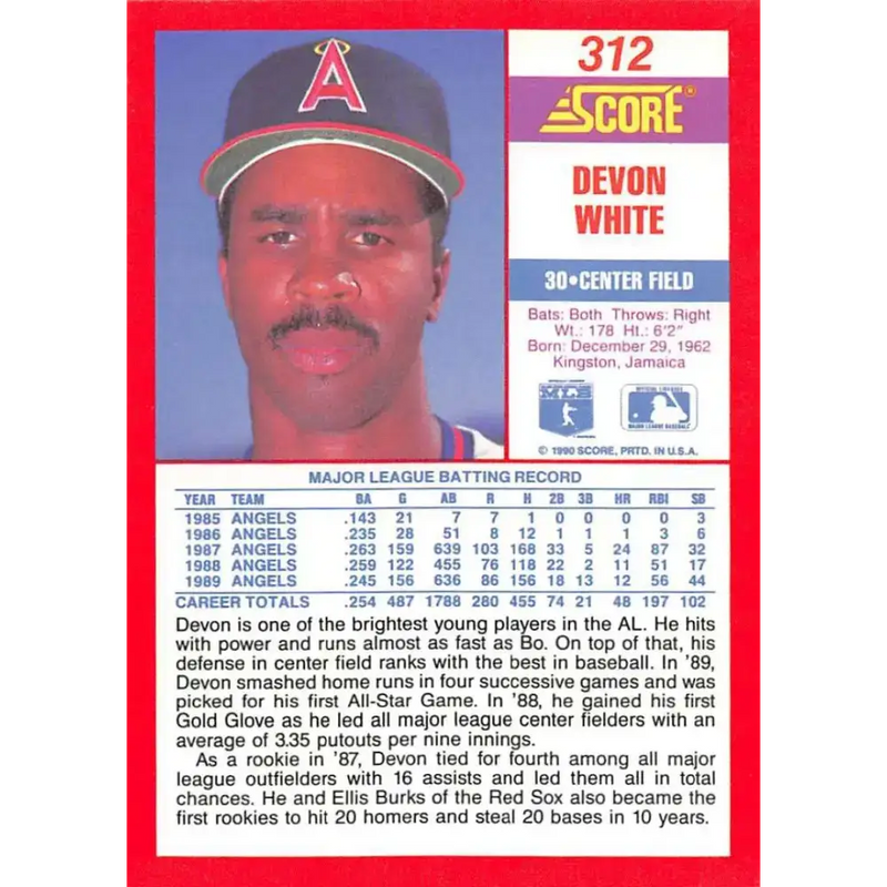 1990 Score #312 Devon White NM-MT California Angels Baseball Card - Baseball Card Single