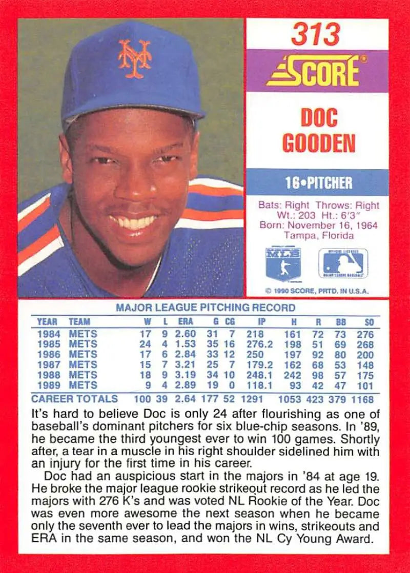 1990 Score #313 Dwight Gooden EX Excellent New York Mets Baseball Card - Baseball Card Single