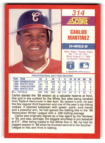 Original gloss Carlos Martinez baseball card White Sox from 1990 Score #314 in NM-MT condition