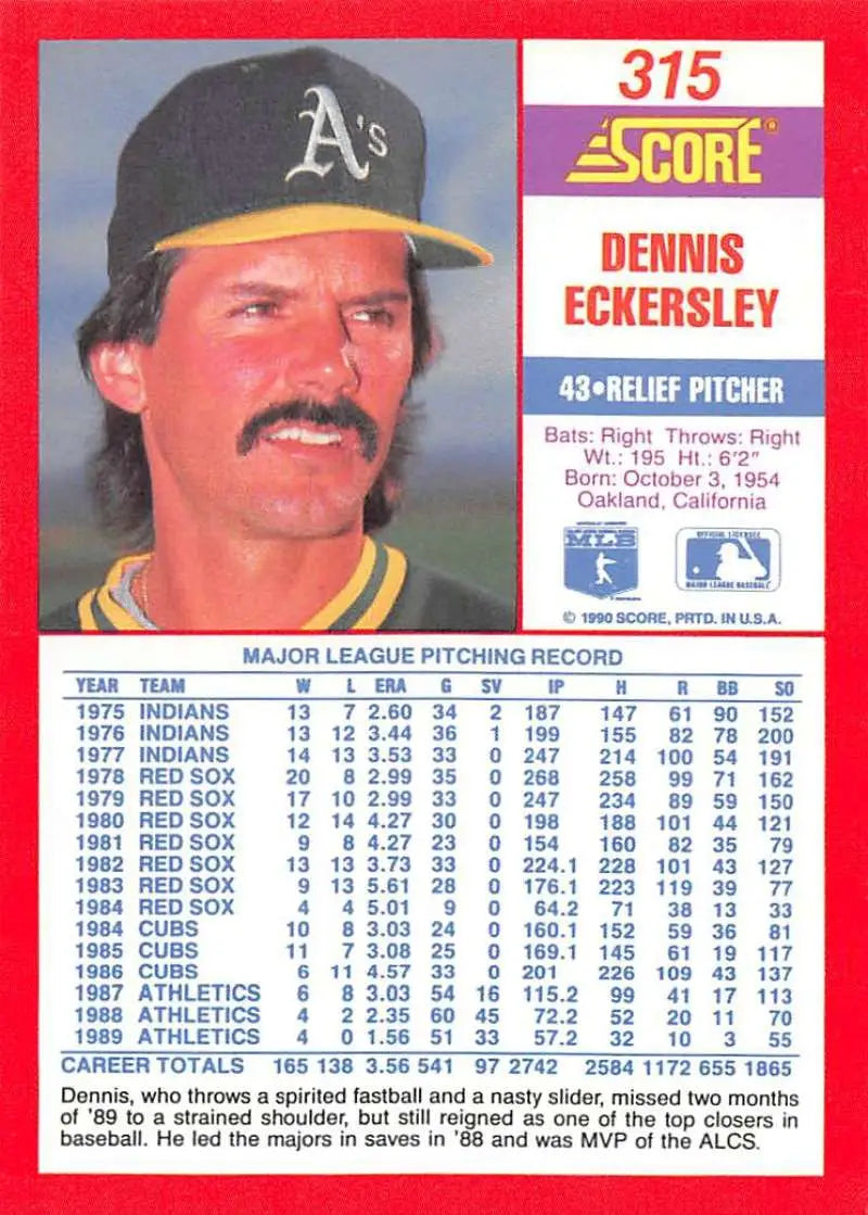 1990 Score #315 Dennis Eckersley EX Excellent Oakland Athletics Baseball Card - Baseball Card Single