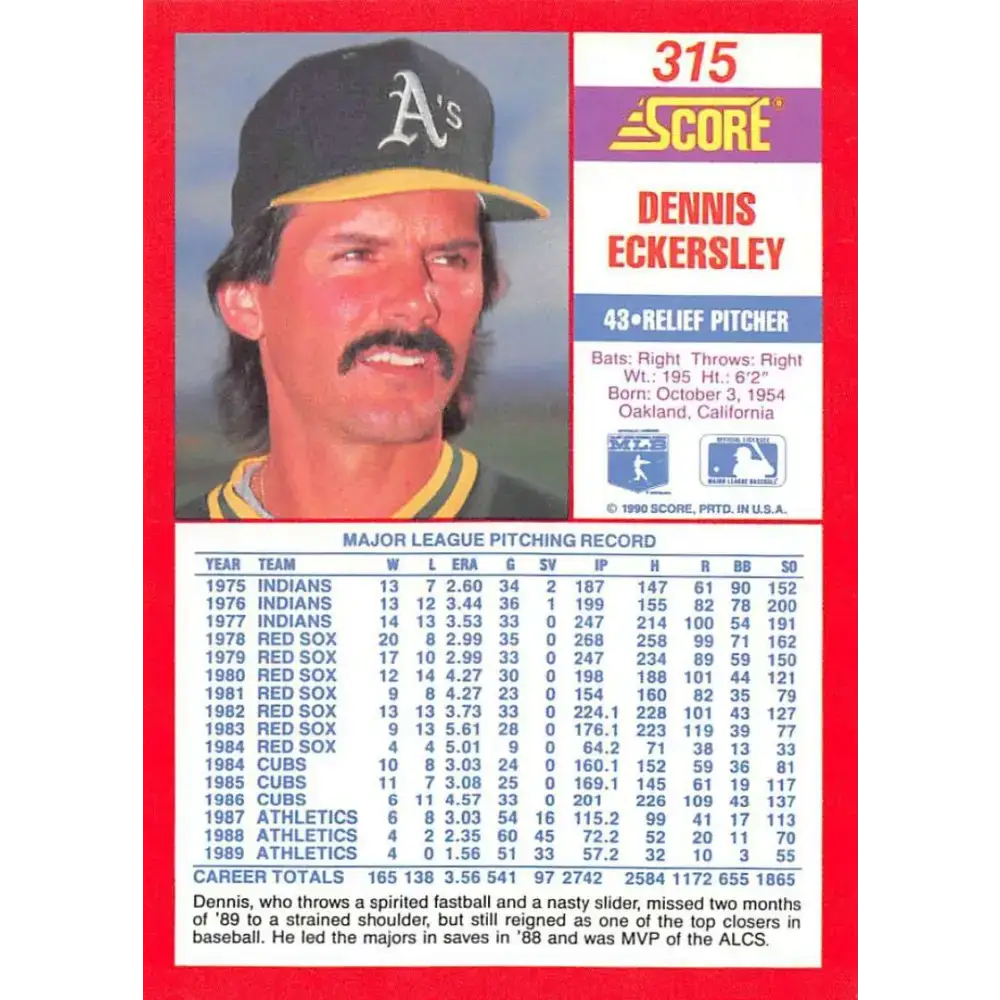 1990 Score #315 Dennis Eckersley NM-MT Oakland Athletics Baseball Card - Baseball Card Single