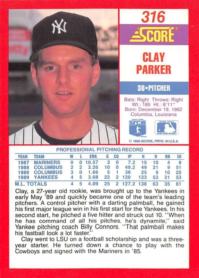 1990 Score #316 Clay Parker EX Excellent New York Yankees Baseball Card - Baseball Card Single