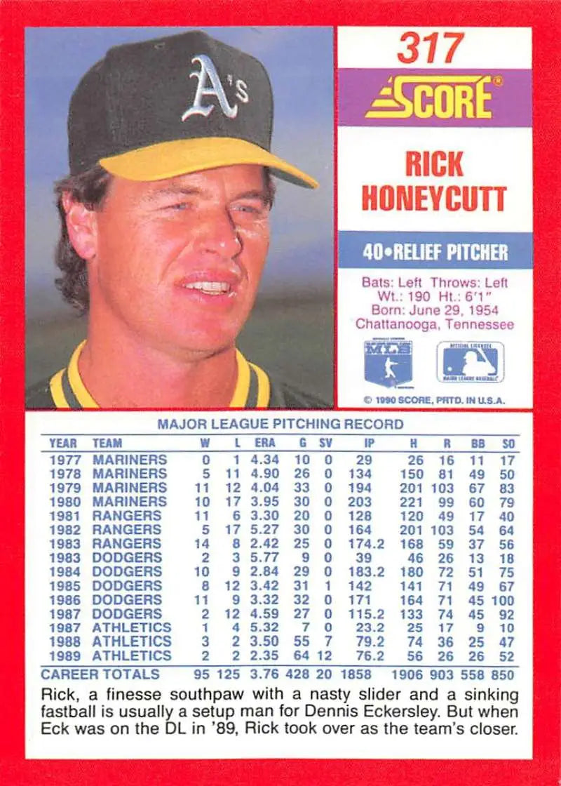 1990 Score #317 Rick Honeycutt EX Excellent Oakland Athletics Baseball Card - Baseball Card Single