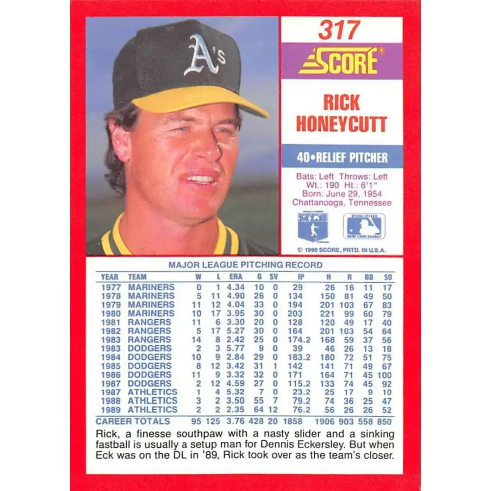1990 Score #317 Rick Honeycutt NM-MT Oakland Athletics Baseball Card - Baseball Card Single