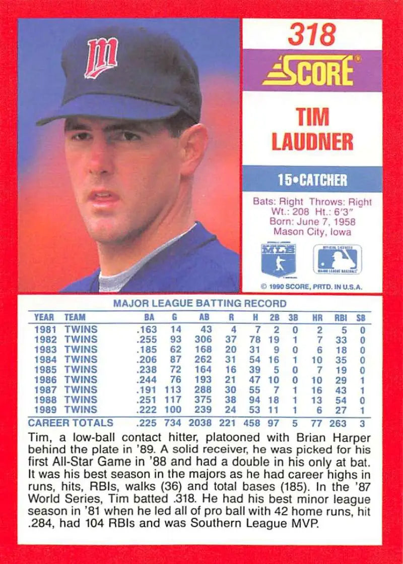 1990 Score #318 Tim Laudner EX Excellent Minnesota Twins Baseball Card - Baseball Card Single