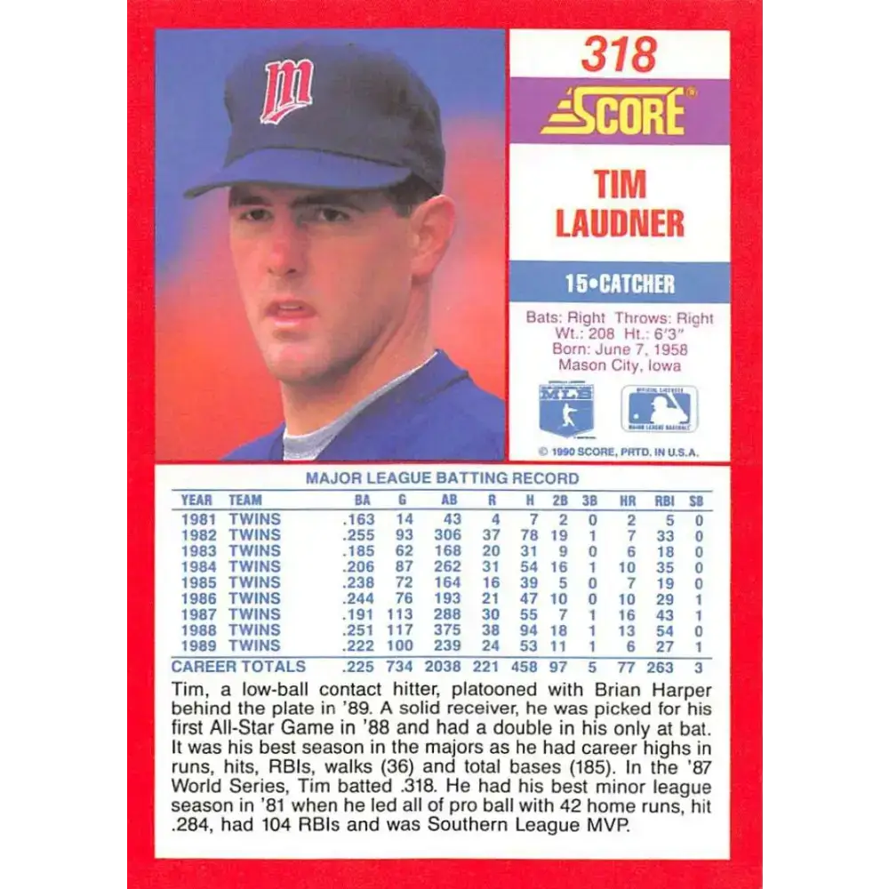 1990 Score #318 Tim Laudner NM-MT Minnesota Twins Baseball Card - Baseball Card Single