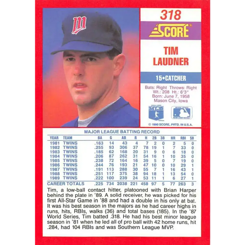 1990 Score #318 Tim Laudner NM-MT Minnesota Twins Baseball Card - Baseball Card Single