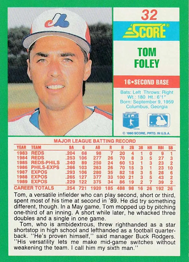 1990 Score #32 Tom Foley EX Excellent Montreal Expos Baseball Card - Baseball Card Single