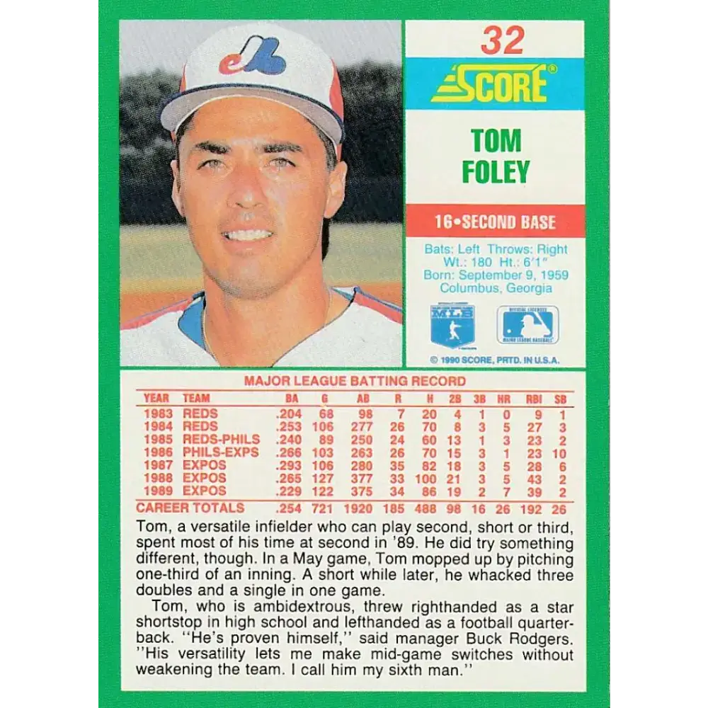 1990 Score #32 Tom Foley NM-MT Montreal Expos Baseball Card - Baseball Card Single