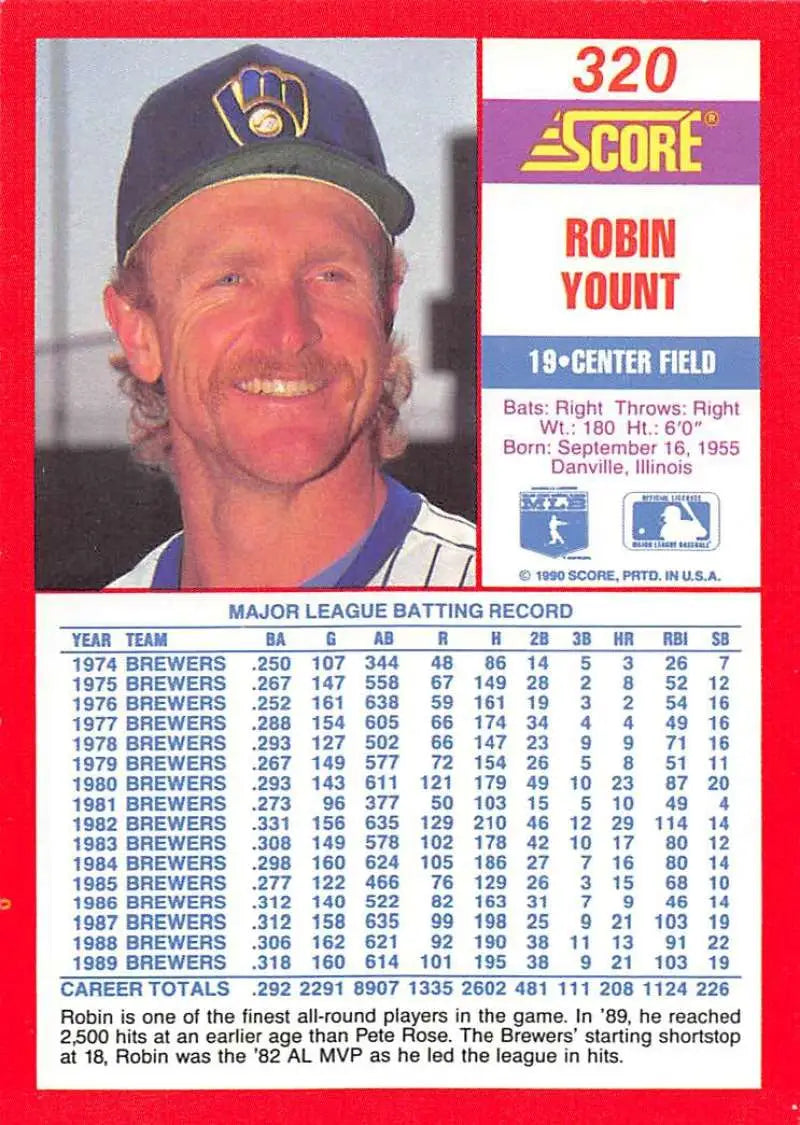 1990 Score #320 Robin Yount EX Excellent Milwaukee Brewers Baseball Card - Baseball Card Single