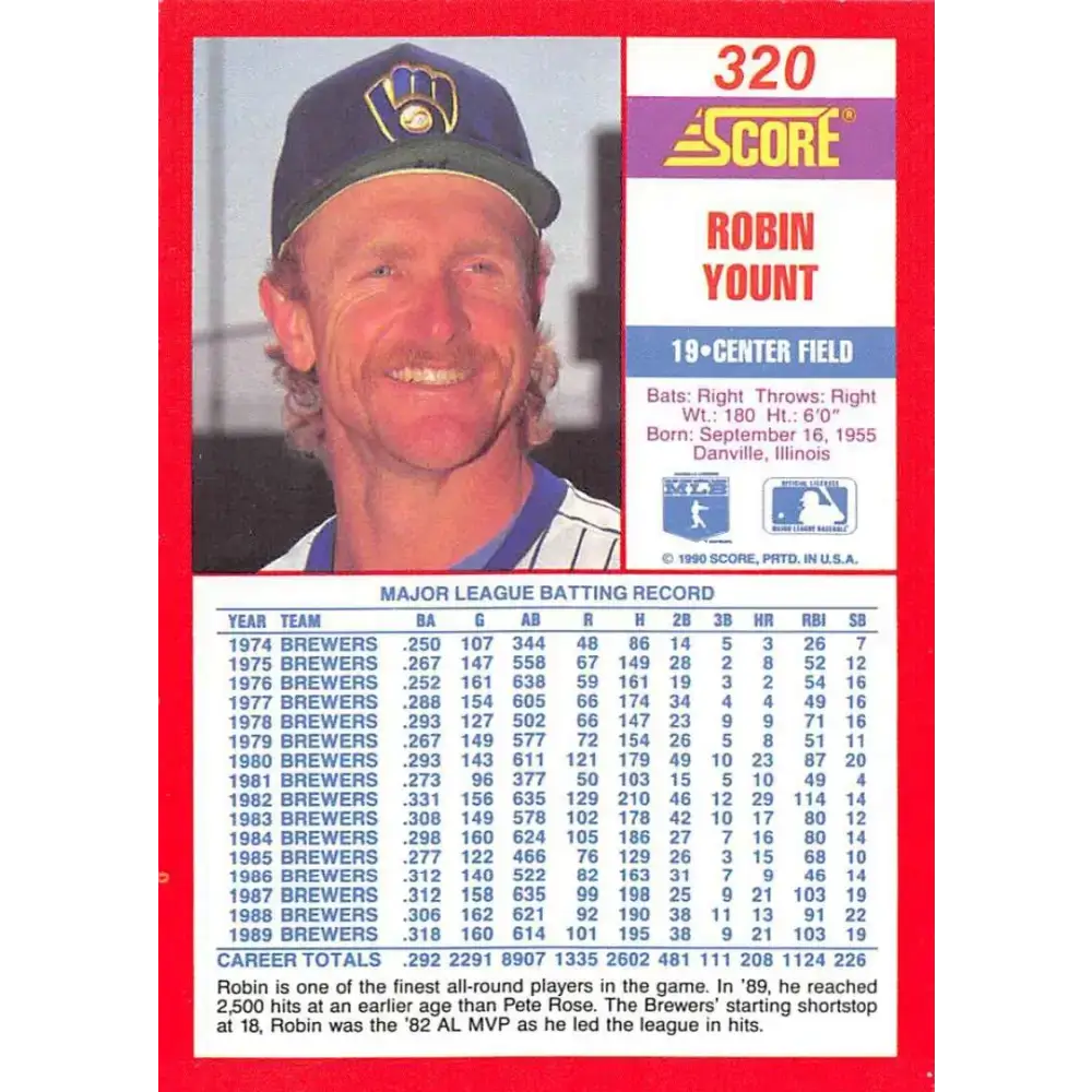 1990 Score #320 Robin Yount NM-MT Milwaukee Brewers Baseball Card - Baseball Card Single