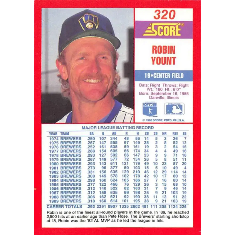 1990 Score #320 Robin Yount NM-MT Milwaukee Brewers Baseball Card - Baseball Card Single
